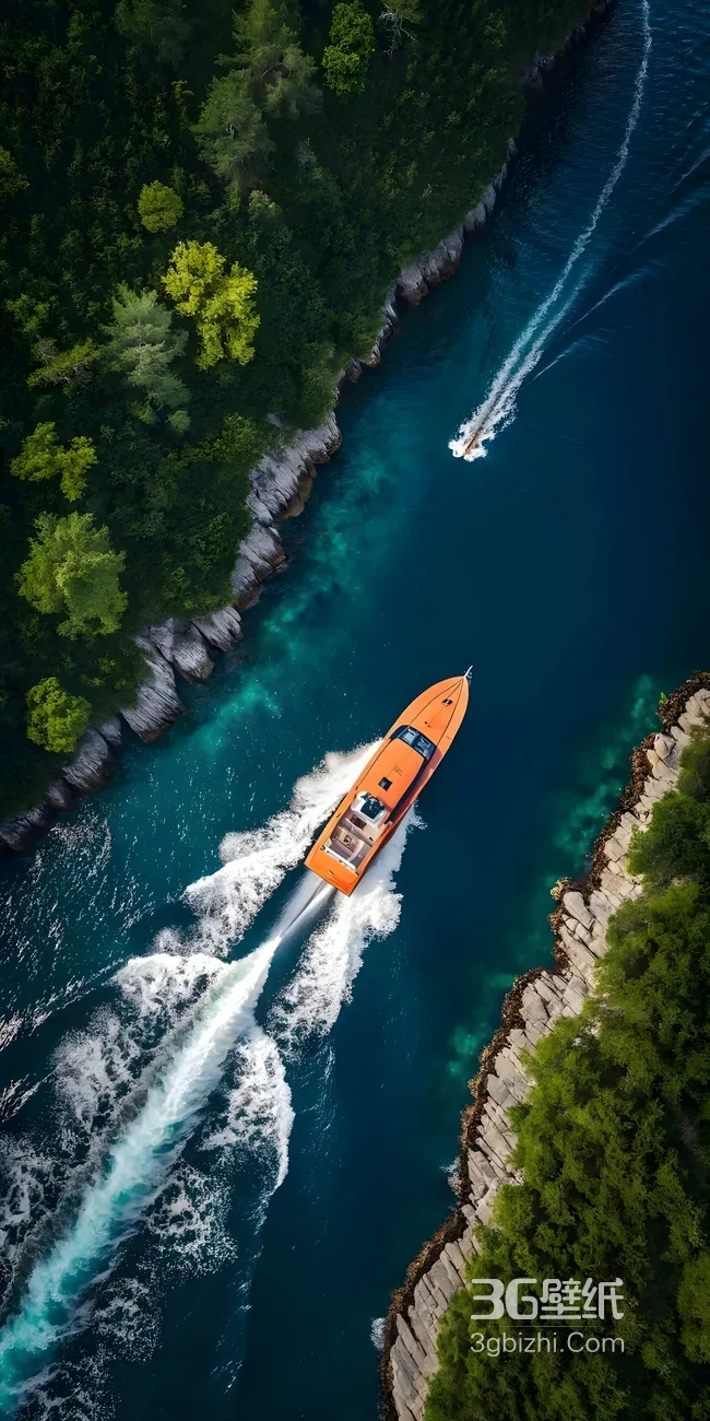 橙色游艇破浪峡谷蓝水 清新写实风 手机壁纸1