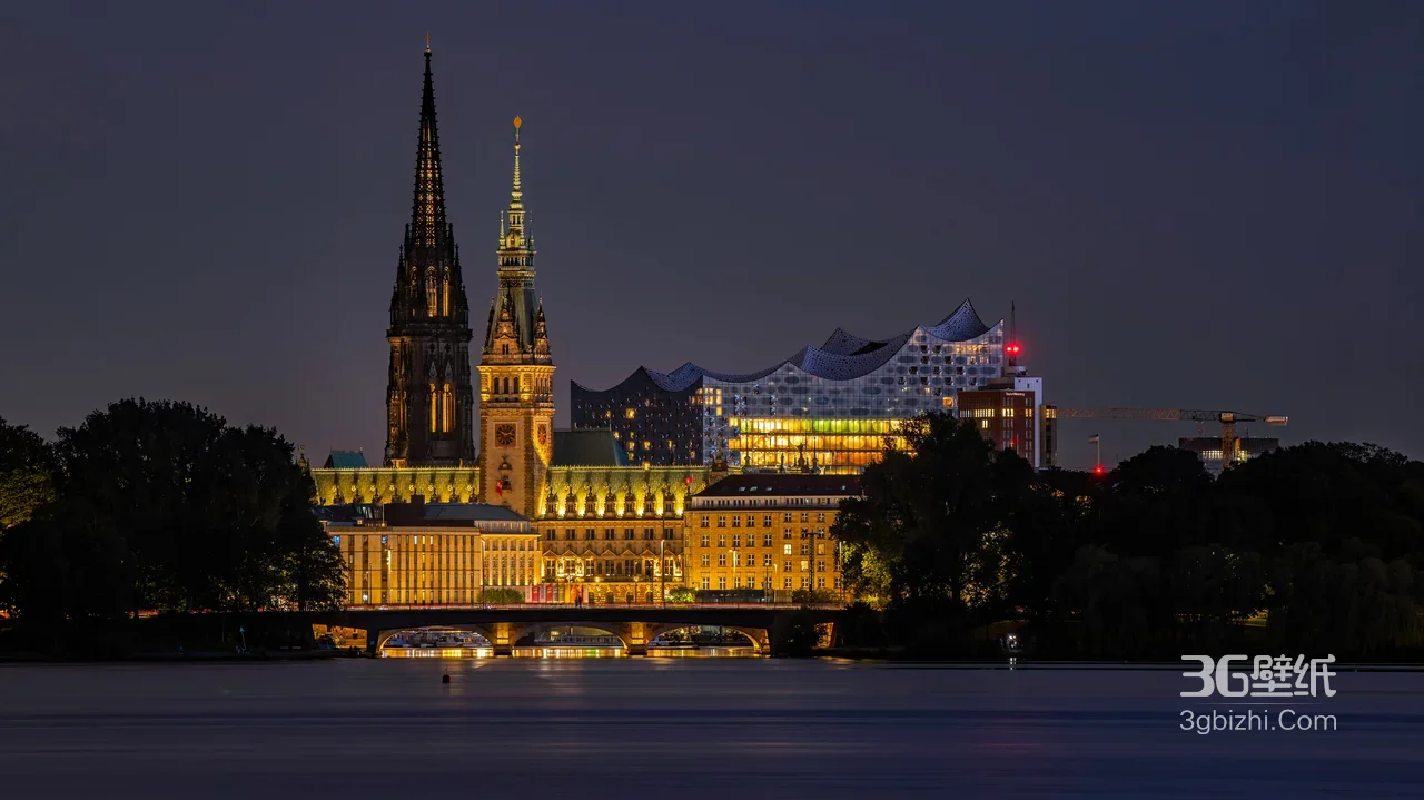 汉堡阿尔斯特湖夜景·唯美灯光 地标建筑璀璨湖畔1