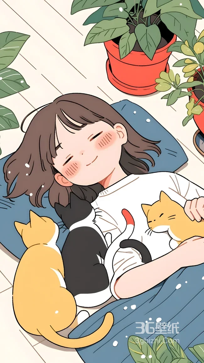 国漫治愈风·抱猫女孩与三喵·治愈系萌宠手机壁纸1