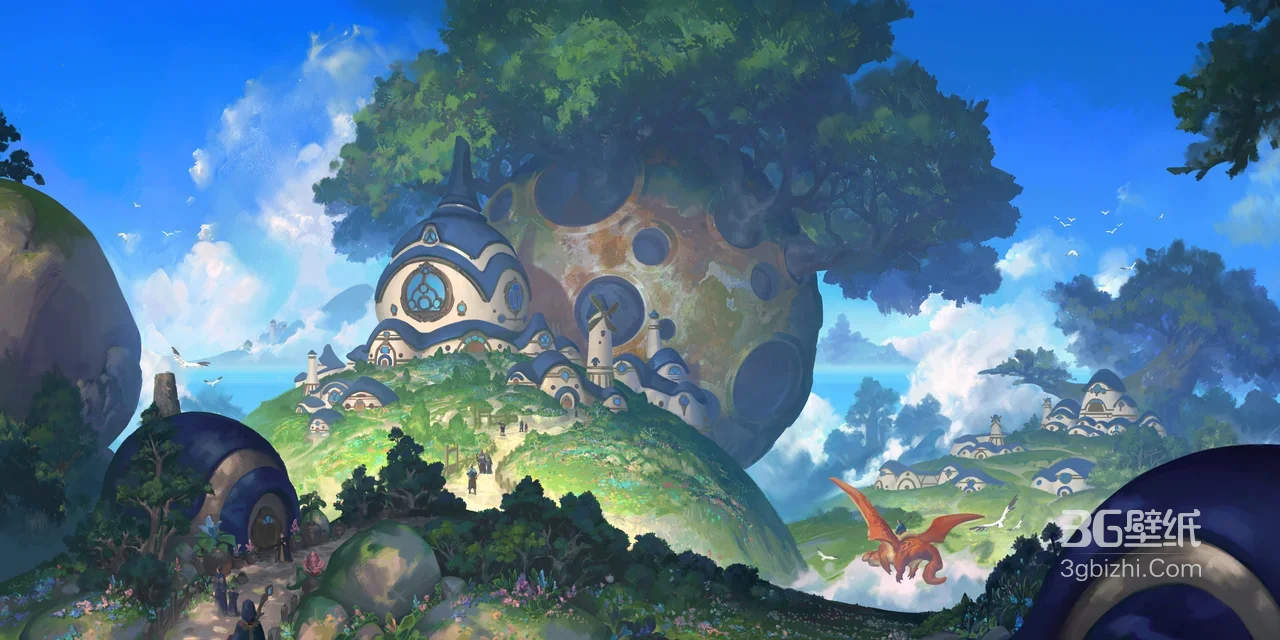 唯美奇幻村庄巨龙树屋游戏风宽屏电脑壁纸1