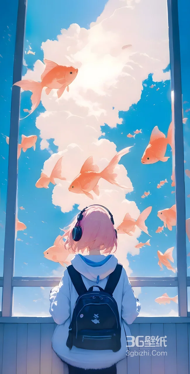 粉发少女·耳机观浮空金鱼 二次元唯美治愈手机壁纸1