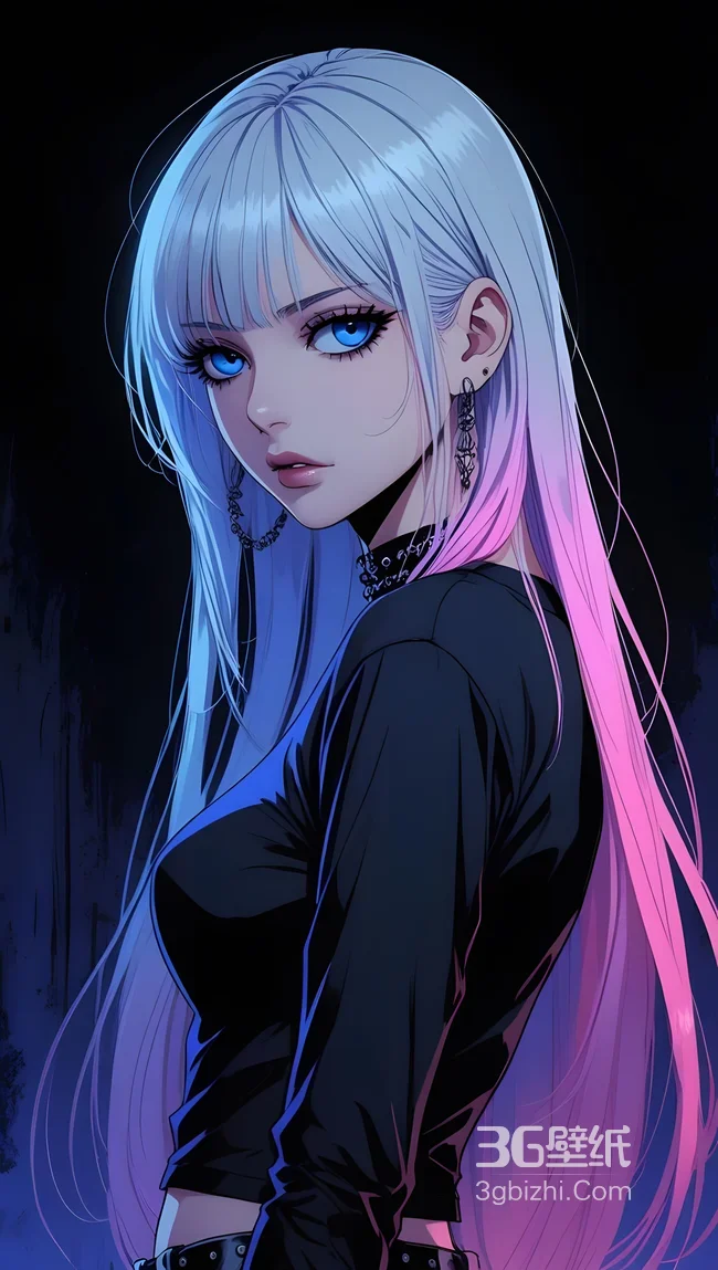 蓝粉渐变长发少女·暗黑二次元风 原创插画手机壁纸1