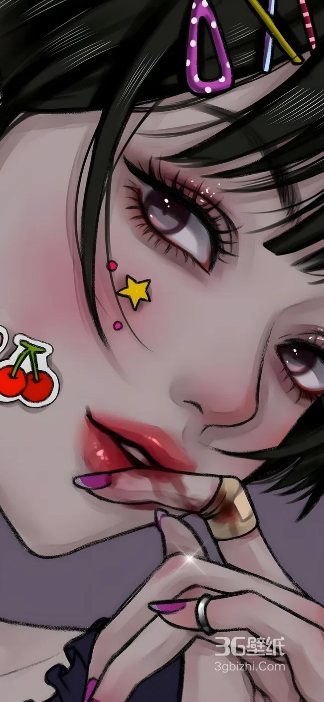 二次元暗黑甜酷女孩·星星樱桃妆 个性手机壁纸1