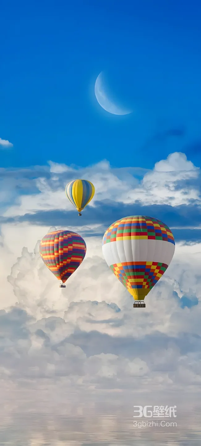 热气球云海弯月·唯美清新风 浪漫空中旅行壁纸1