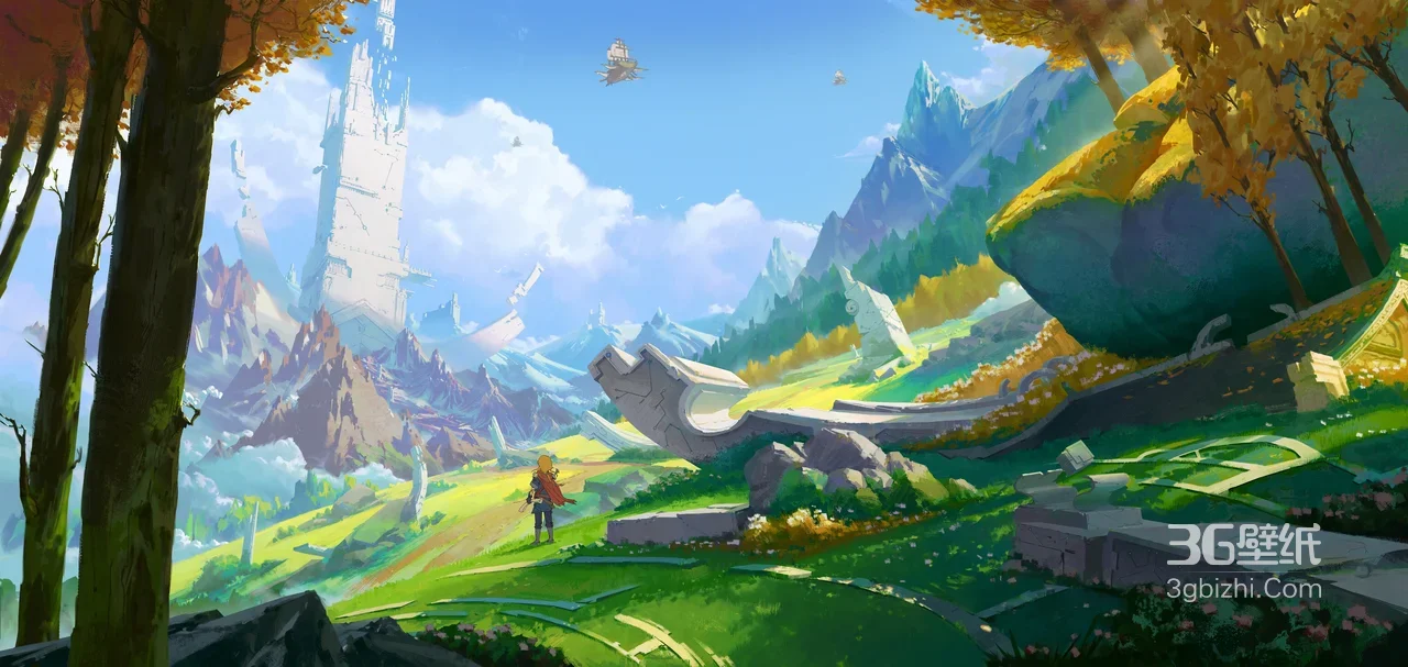 游戏角色眺望巨塔遗迹 二次元奇幻山谷游戏电脑壁纸1