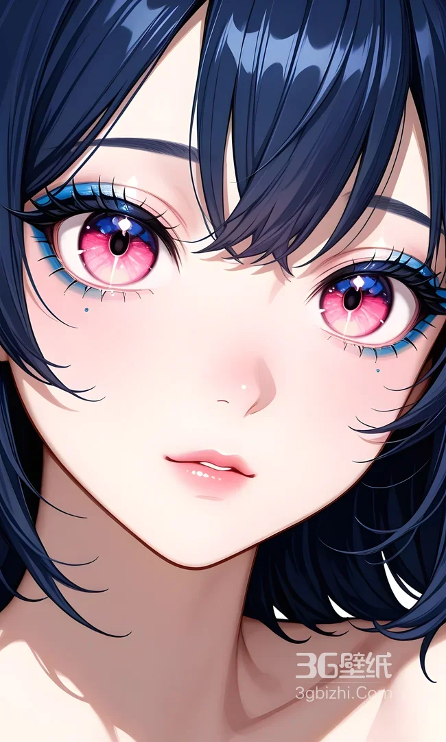 二次元唯美动漫少女·粉瞳蓝睫墨发 高人气手机壁纸1