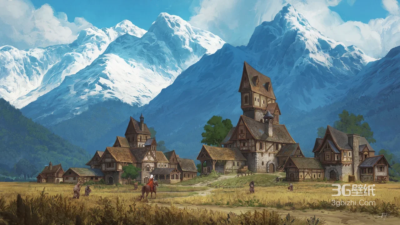中世纪田园村落·唯美欧式古风 雪山原创插画壁纸1