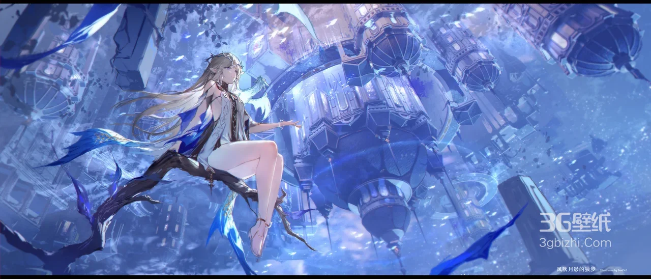 银发少女·浮空科幻古城 唯美二次元超宽屏电脑壁纸1