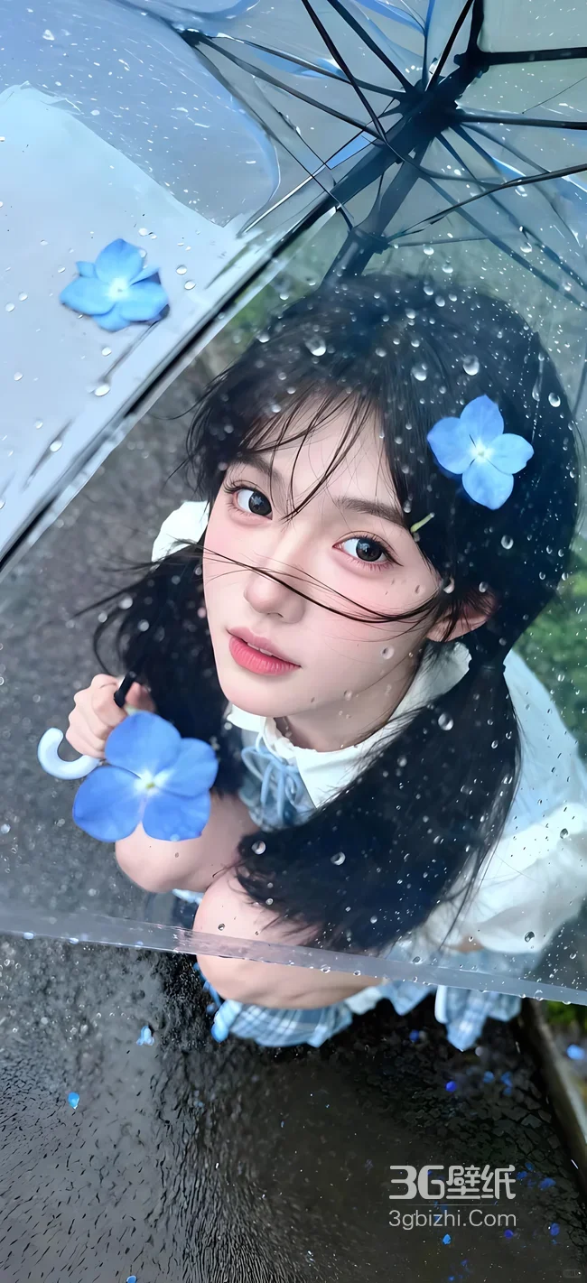 双马尾少女·雨天蓝花伞 清新唯美手机壁纸精选1