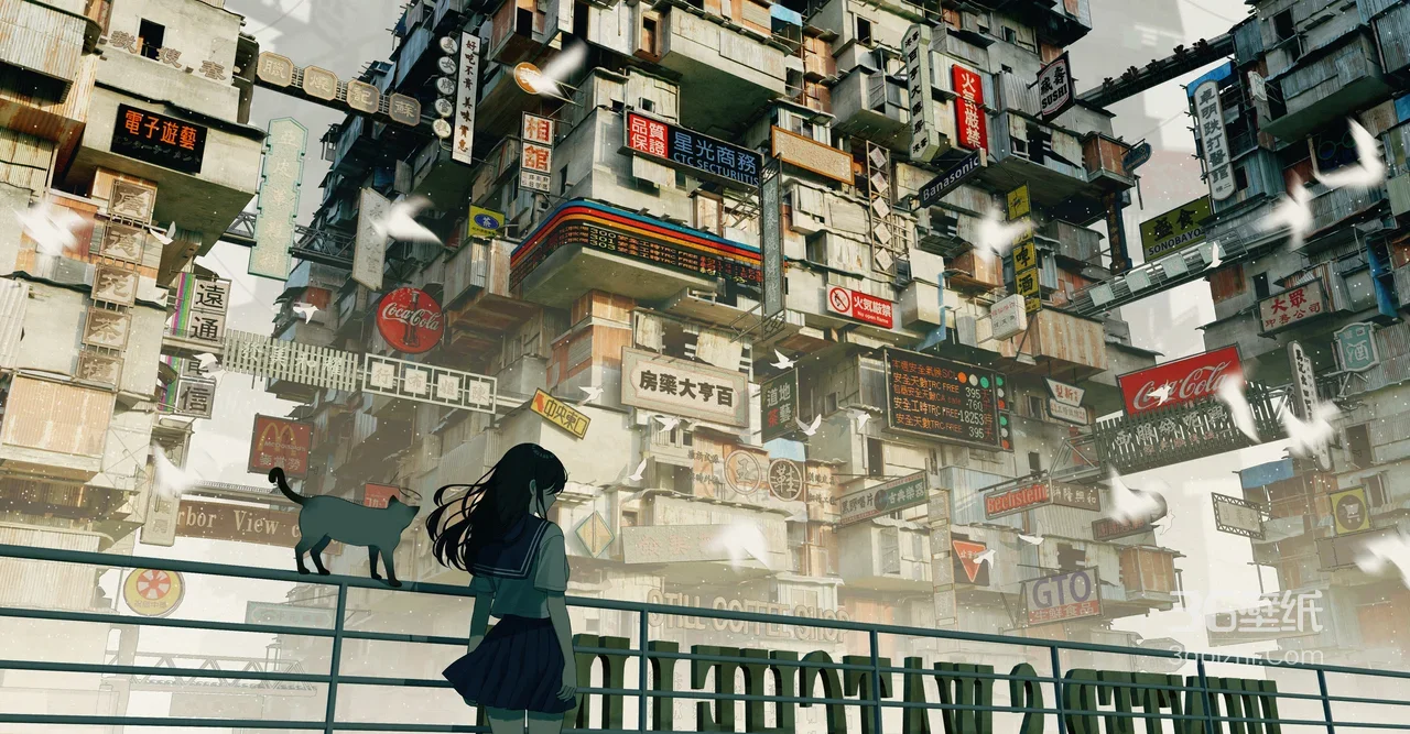 JK少女与黑猫·赛博朋克都市建筑群 二次元宽屏电脑壁纸1