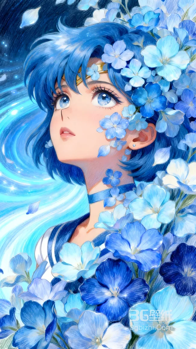 水野亚美·水手水星 唯美梦幻蓝调花海 美少女战士动漫壁纸1