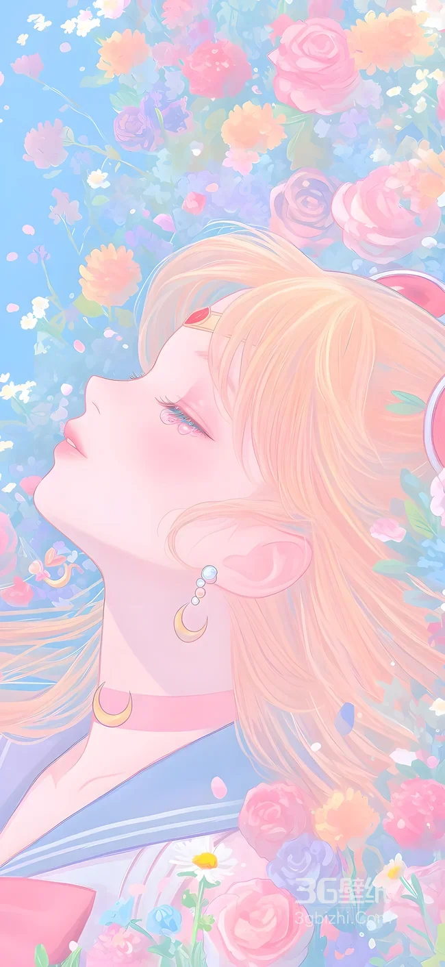 美少女战士月野兔 新月配饰花海躺卧 唯美梦幻手机壁纸1