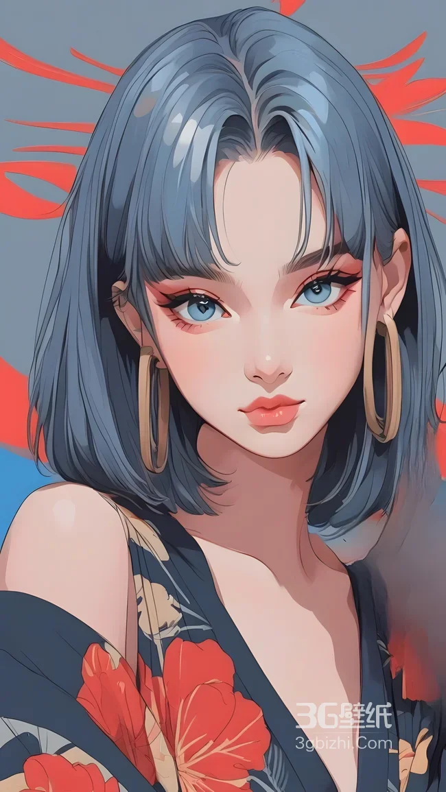 蓝发少女·花衣大耳环 国漫插画风高人气手机壁纸1