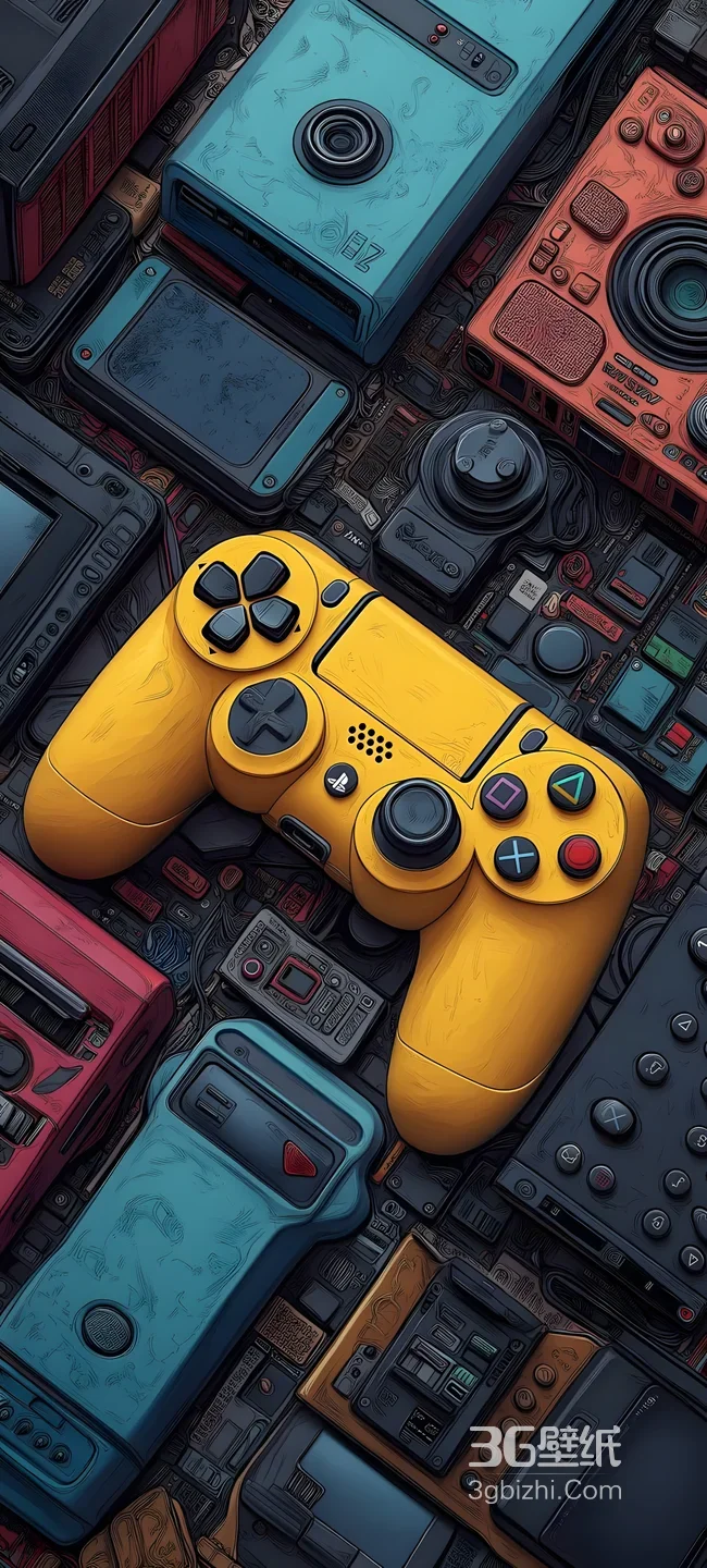 黄色索尼PS4手柄·复古手绘风游戏设备 怀旧电子风手机壁纸1