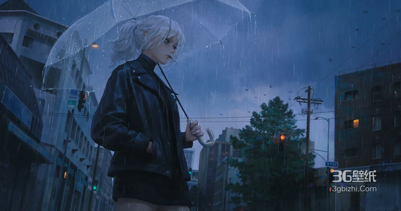 银发少女·雨夜撑伞 写实二次元暗黑风 雨夜都市电脑壁纸1