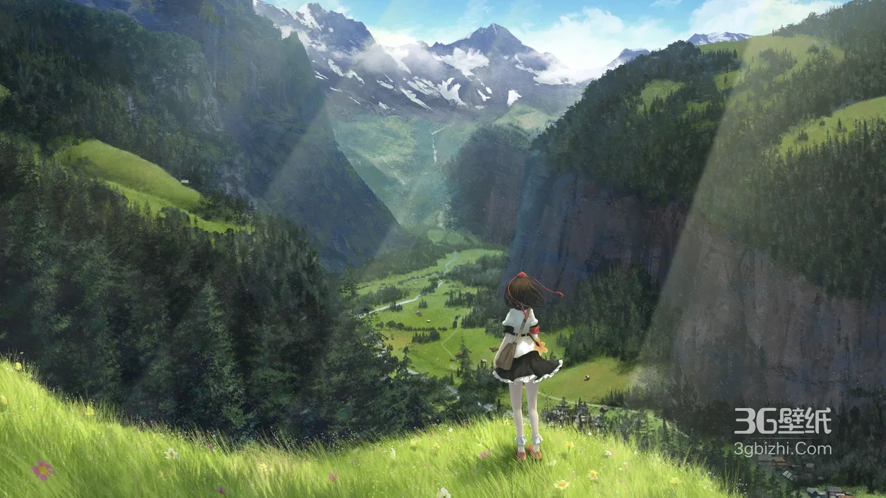博丽灵梦·绿野山谷 唯美动漫东方project宽屏壁纸1