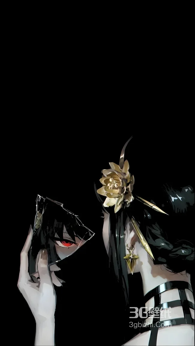 黑发红眼动漫角色·暗黑风 金饰碎镜 氛围感手机壁纸1