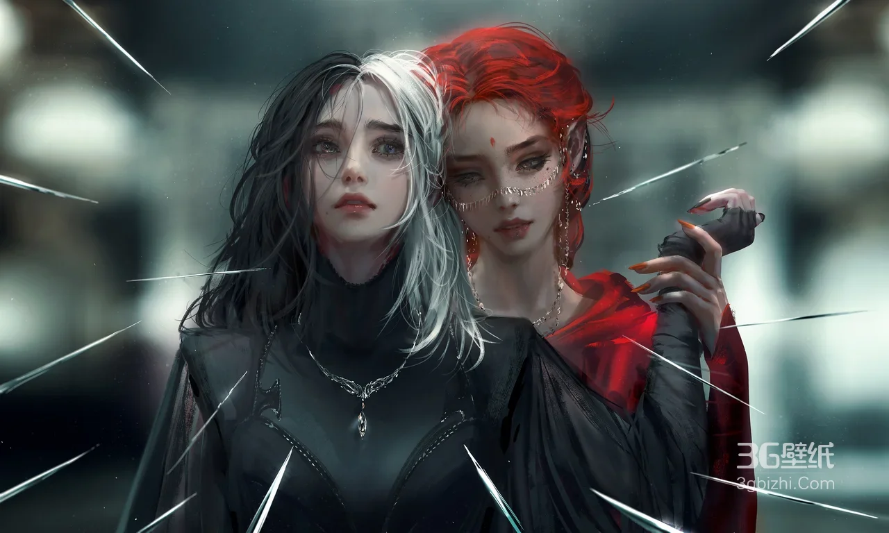 双生暗黑风少女·写实插画 宽屏车机电脑壁纸1