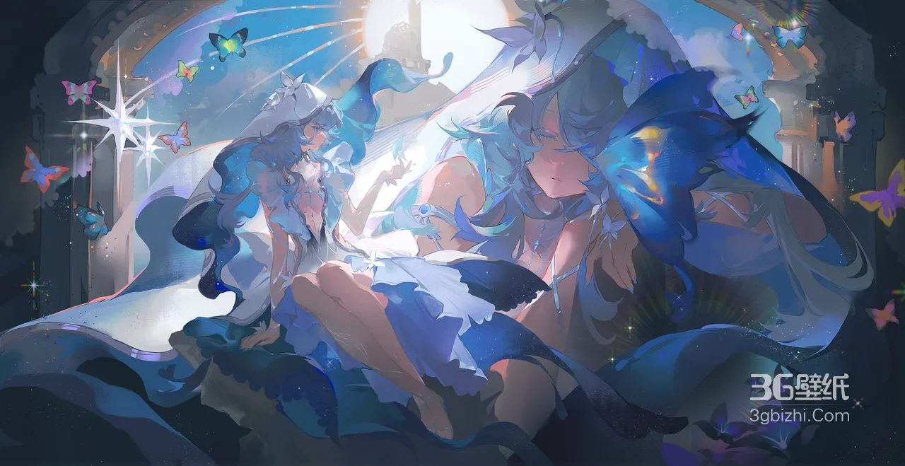 蓝发少女·星空蝴蝶 唯美梦幻宽屏车机壁纸1