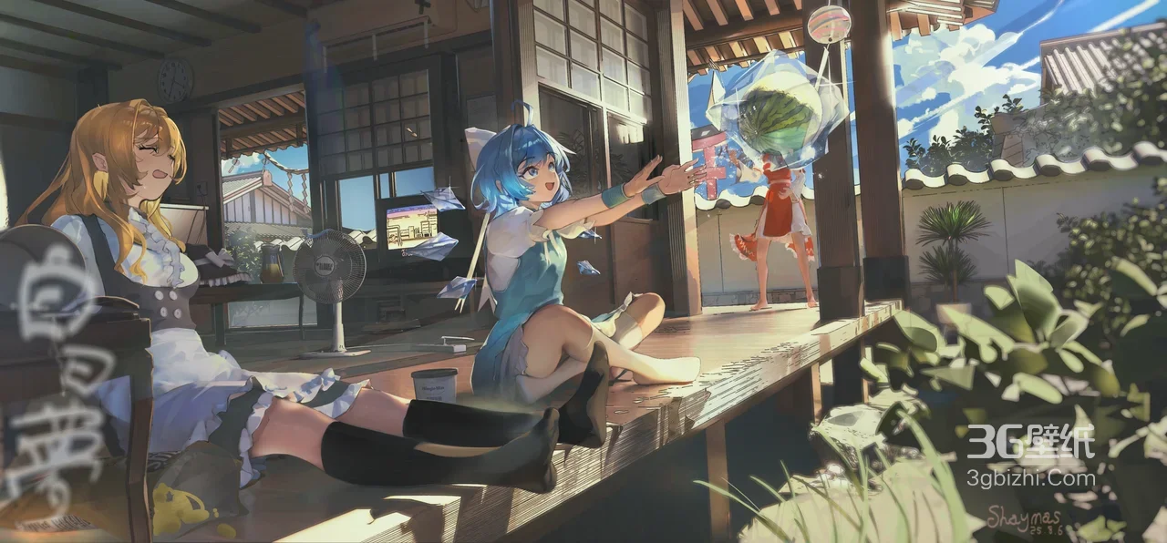 东方Project 琪露诺 魔理沙 灵梦 日式庭院 日系清新风 宽屏电脑壁纸1