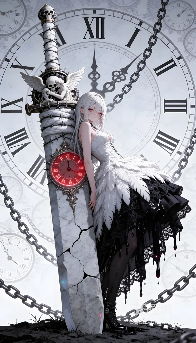 白发红瞳少女·暗黑哥特 大剑时钟二次元壁纸1