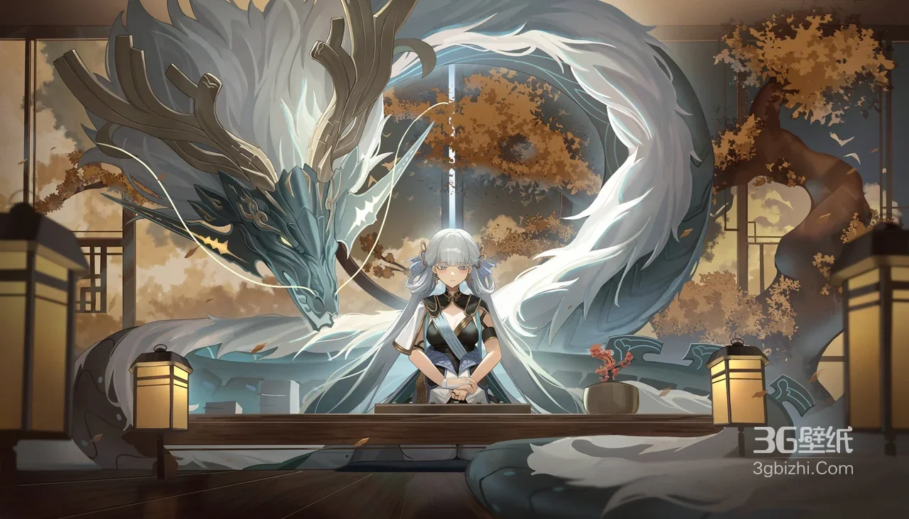 银发古风少女与祥瑞蓝龙 国风游戏场景 高画质电脑壁纸1
