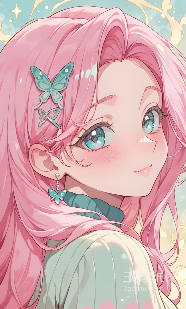 粉色长发美少女·蝴蝶饰唯美二次元高清手机壁纸（竖屏）1