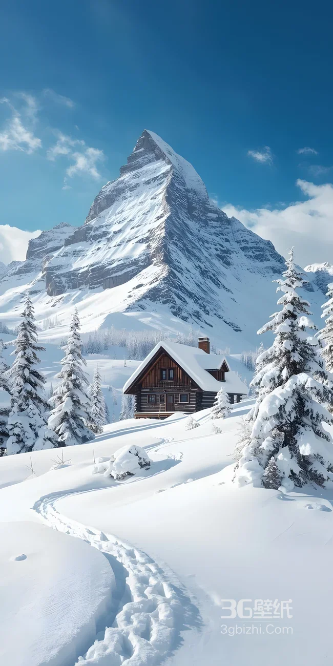 雪山尖峰·雪松木屋 唯美写实冬日治愈壁纸1