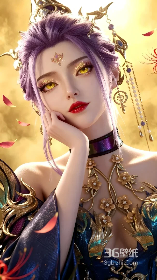 国风玄幻国漫人物紫发金眸华服女角色·精致建模壁纸 高人气角色设计1