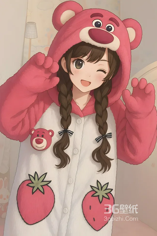 二次元少女·草莓熊睡衣双马尾 软萌治愈插画手机壁纸1