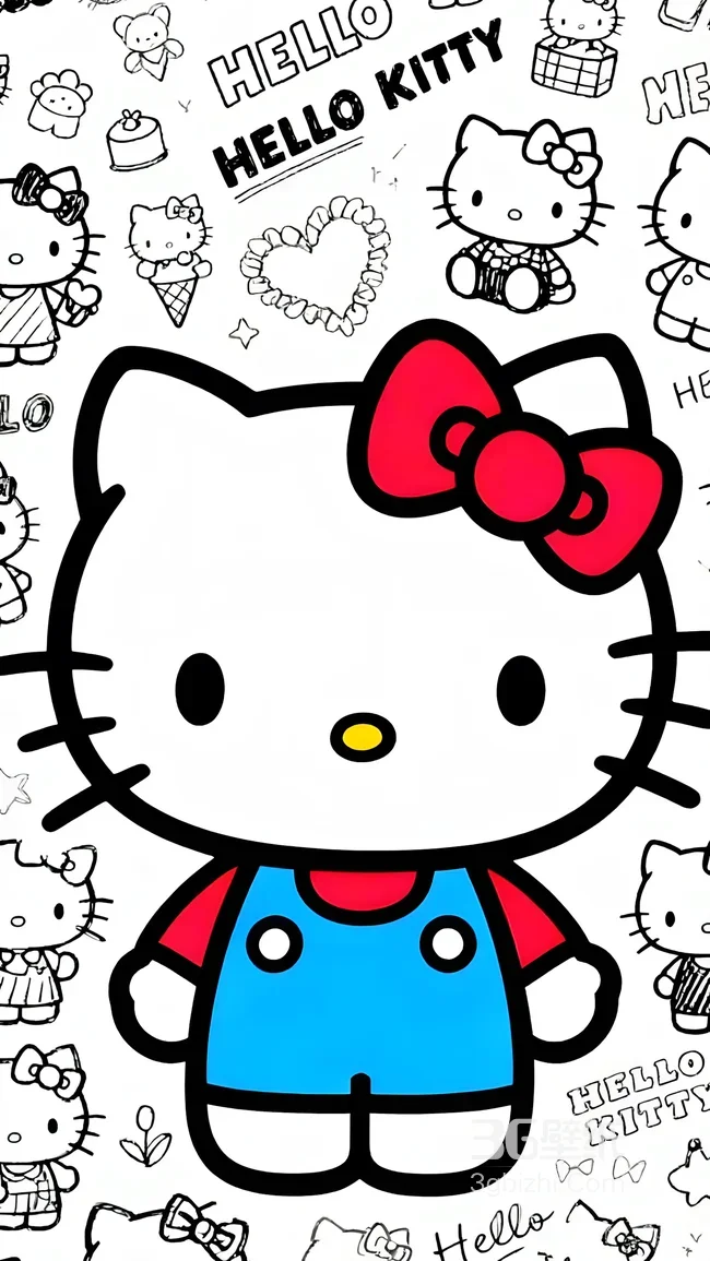 Hello Kitty·红蝴蝶结蓝背带 卡通萌系三丽鸥手机壁纸（高人气）1