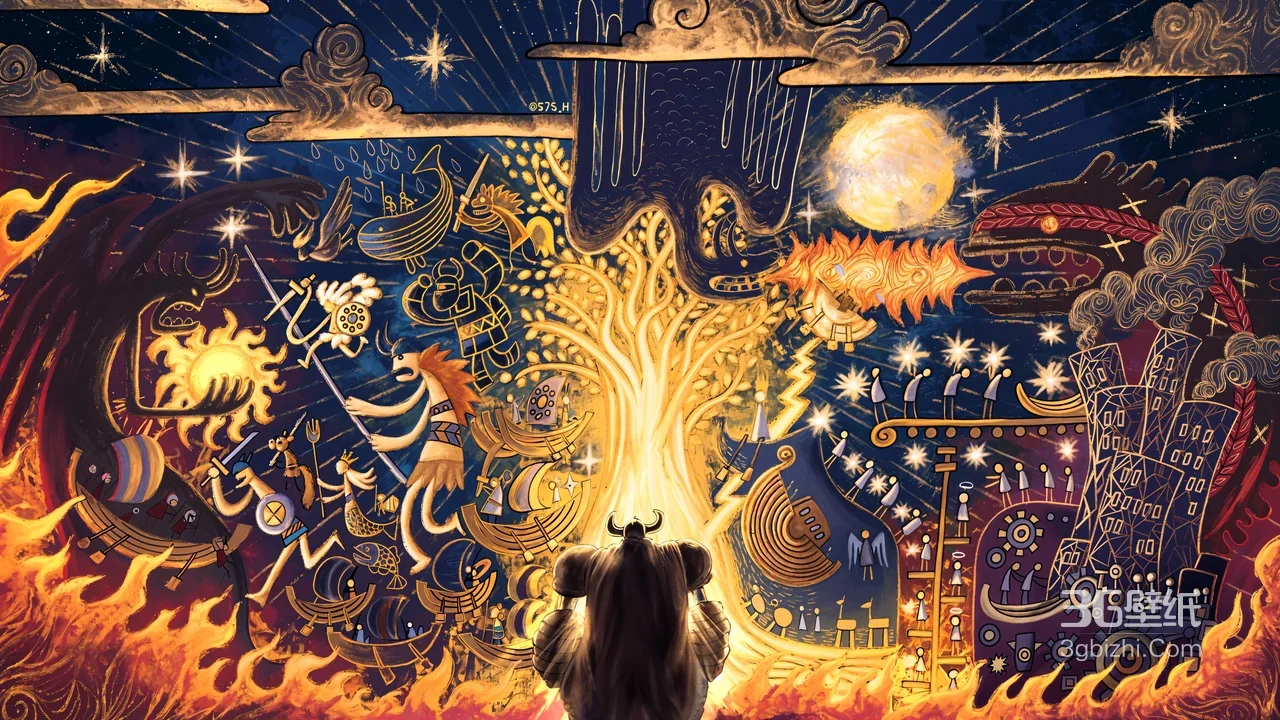 牛角战士背影·北欧神话诸神黄昏 奇幻插画风电脑壁纸1