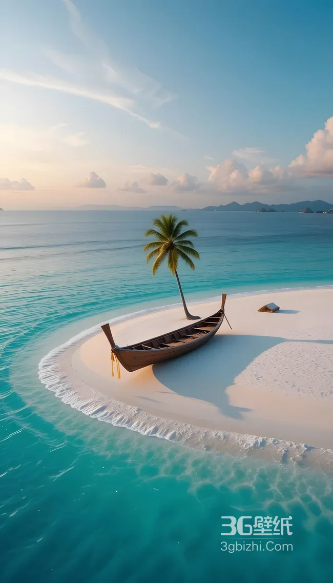 白沙滩棕船棕榈树·唯美写实 热带海洋度假风手机壁纸1