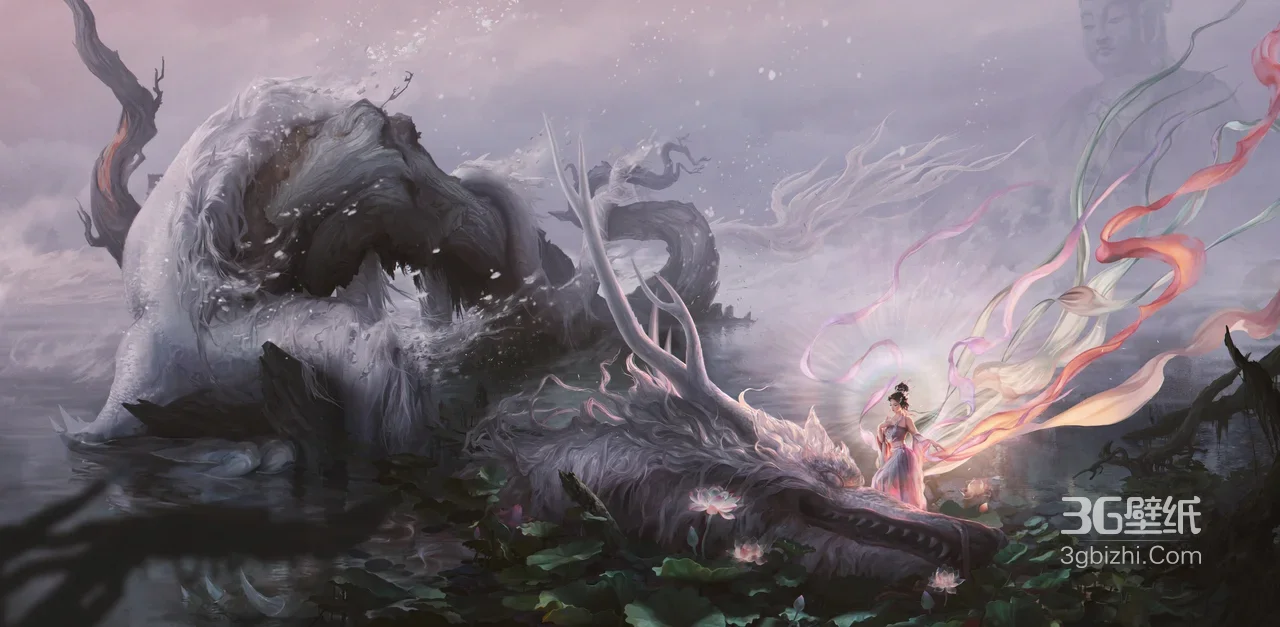 国风仙侠古风女子伴神兽 荷塘奇幻游戏插画电脑壁纸（国风奇幻电脑壁纸）1