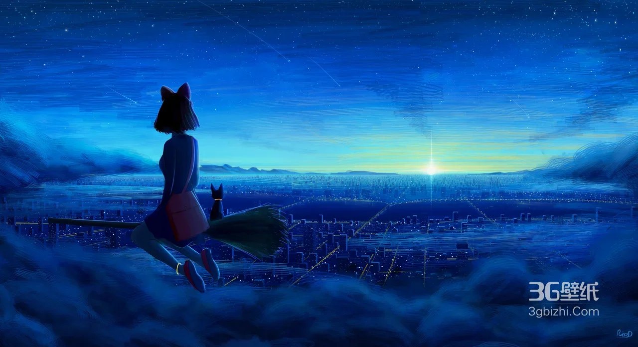 琪琪·魔女夜巡 日系唯美城市星空 魔女宅急便电脑壁纸1