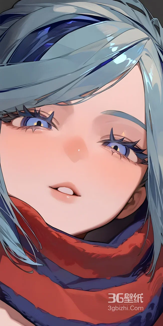 唯美二次元蓝发少女·红围巾精致眼妆 高质感插画手机壁纸1