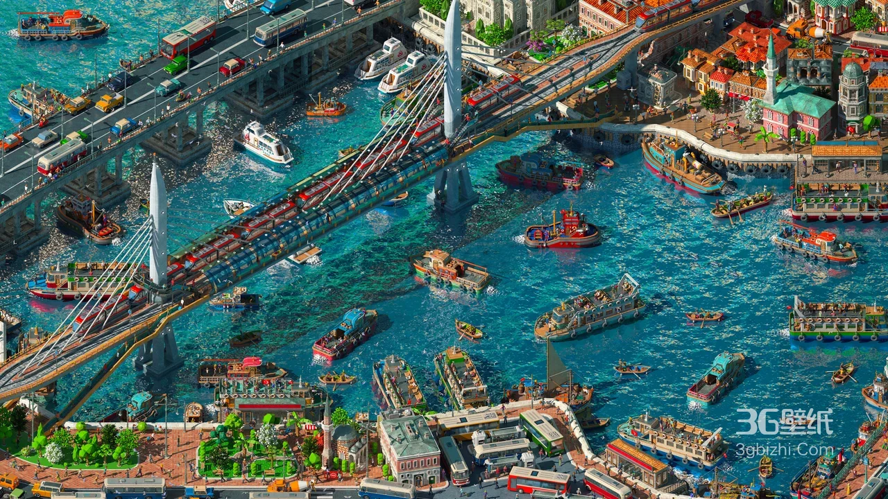 像素风港口桥梁船只·超高清电脑壁纸1