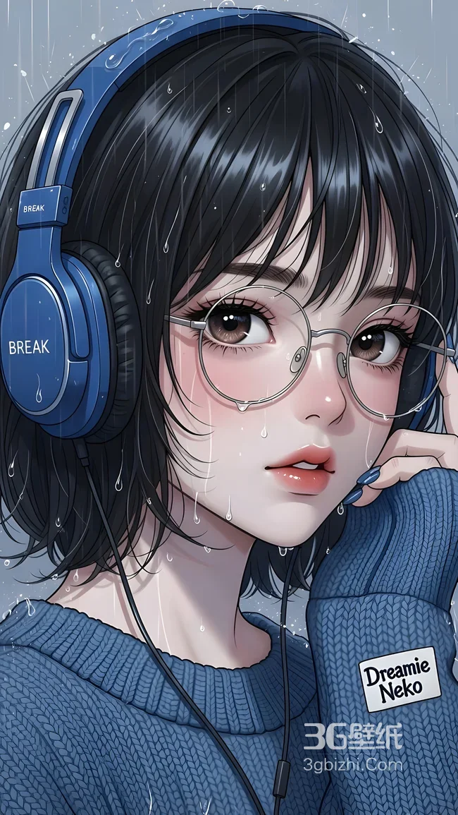 短发少女·雨天BREAK耳机眼镜 二次元插画手机壁纸1