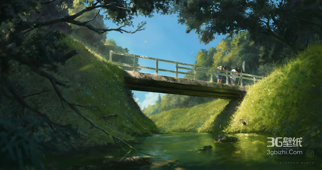 乡野小桥孩童探秘·日系唯美写实 宽屏电脑壁纸1