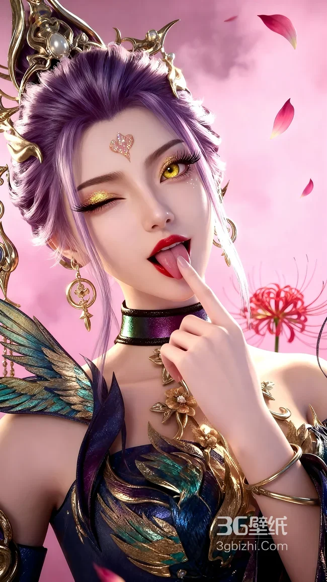 国漫古风·紫发金饰羽翼角色·粉色彼岸花唯美壁纸（古风国漫壁纸）1