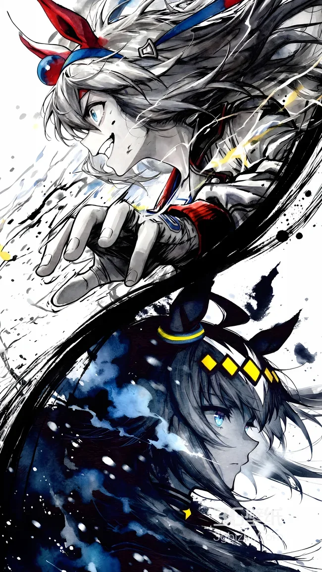 赛马娘东海帝皇&曼城茶座 水墨风高燃动漫手机壁纸1