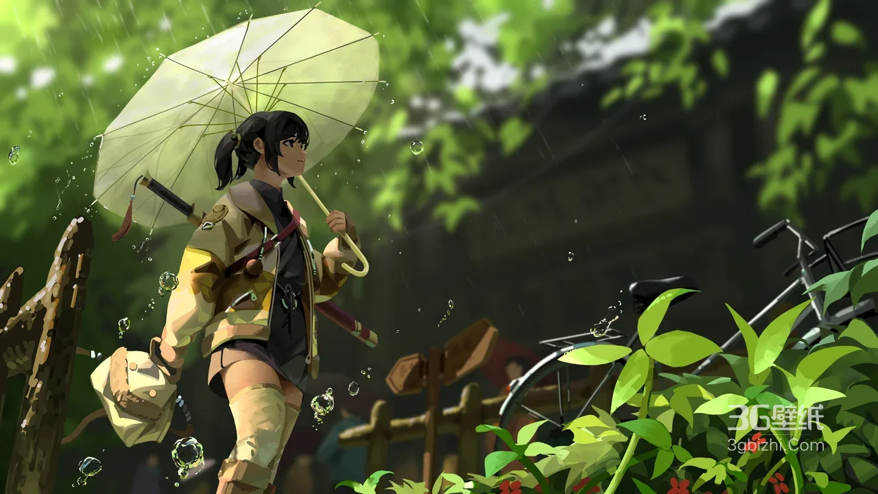 持伞女武士·雨中森林冒险 国漫风插画电脑壁纸1