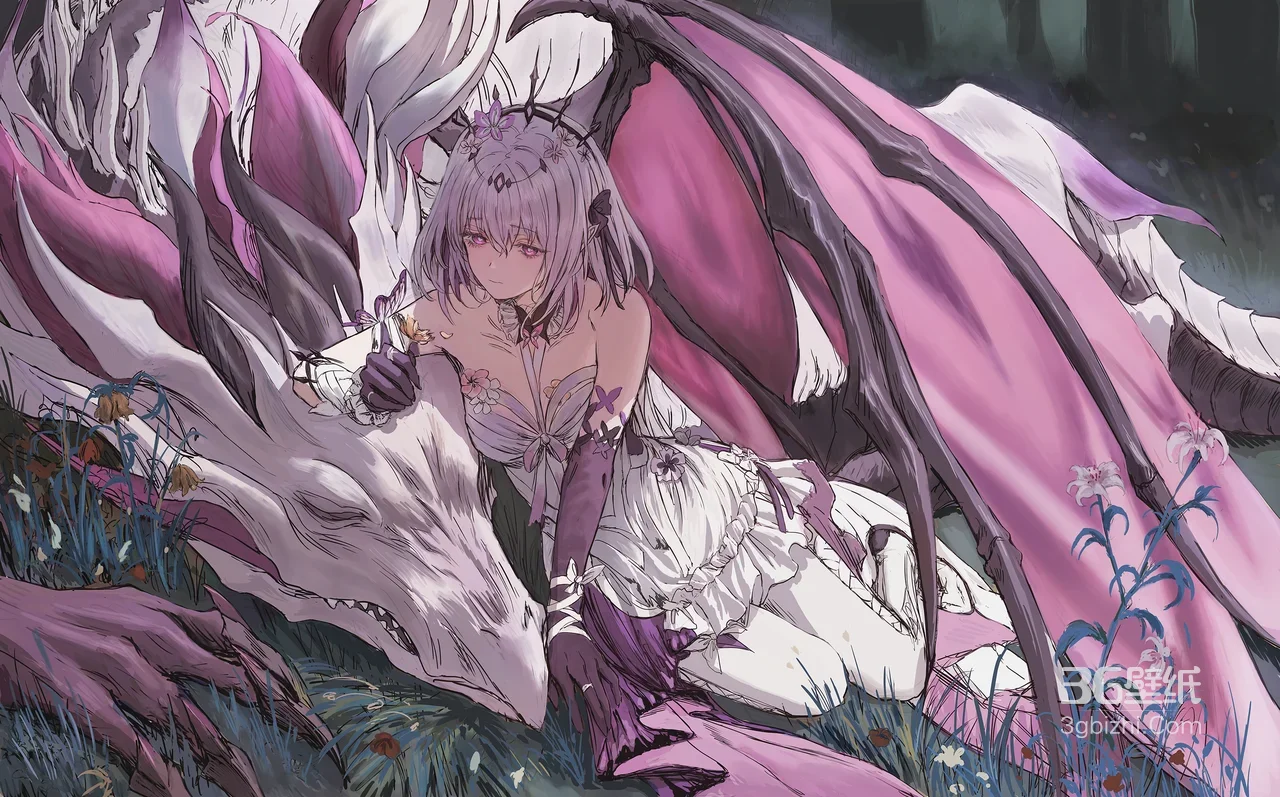 银发少女与幻彩巨龙·唯美二次元插画 电脑壁纸1