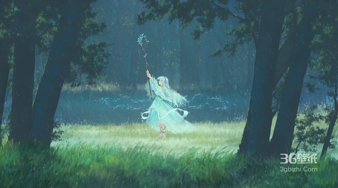 白发魔法少女·持法杖 唯美二次元雨夜森林草地电脑壁纸1