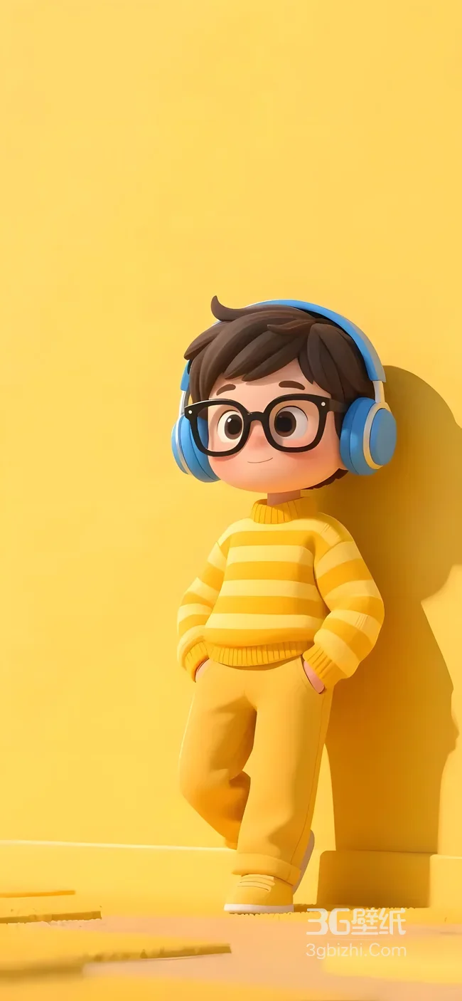 3D写实男孩·蓝耳机黑眼镜黄条纹 暖黄治愈高人气手机壁纸1
