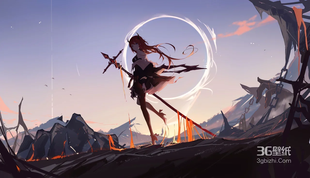 红发持矛少女·黑焰废墟 暗黑奇幻二次元游戏超宽屏电脑壁纸1