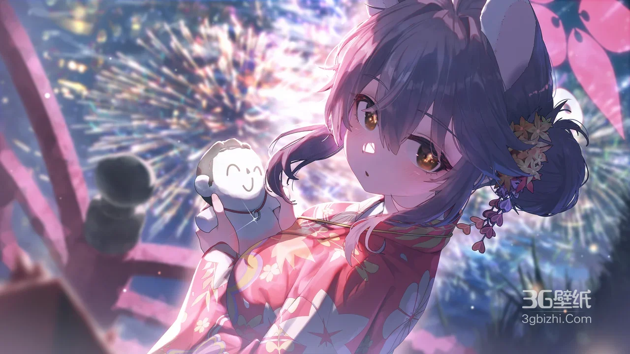 兽耳和服少女抱玩偶 唯美二次元烟花夜景 电脑壁纸1
