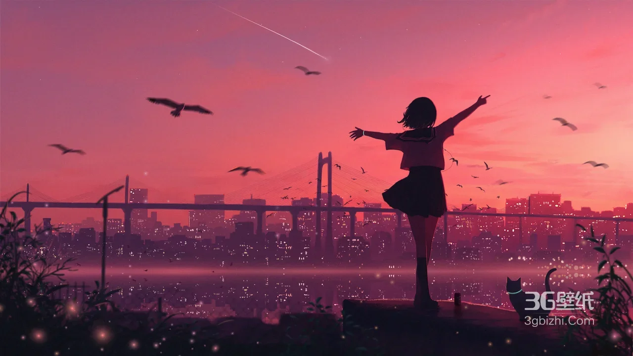 二次元少女与猫·城市黄昏 唯美电脑壁纸1