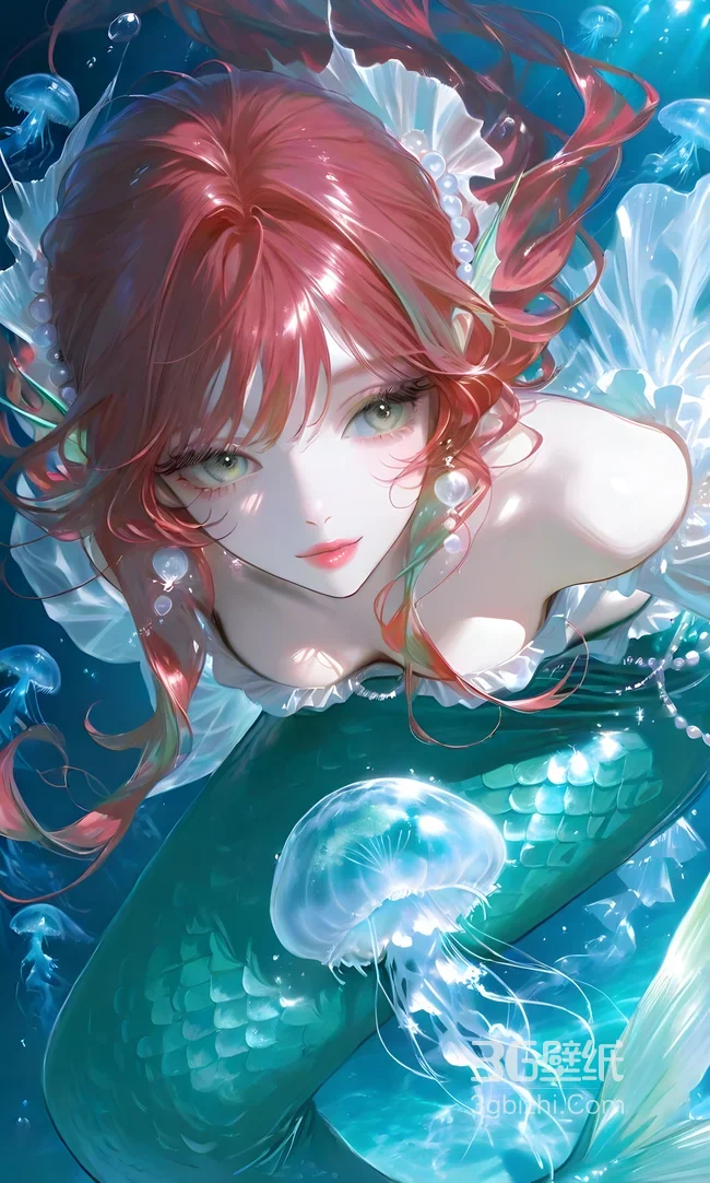 红发美人鱼·绿尾水母 唯美二次元梦幻海洋手机壁纸1
