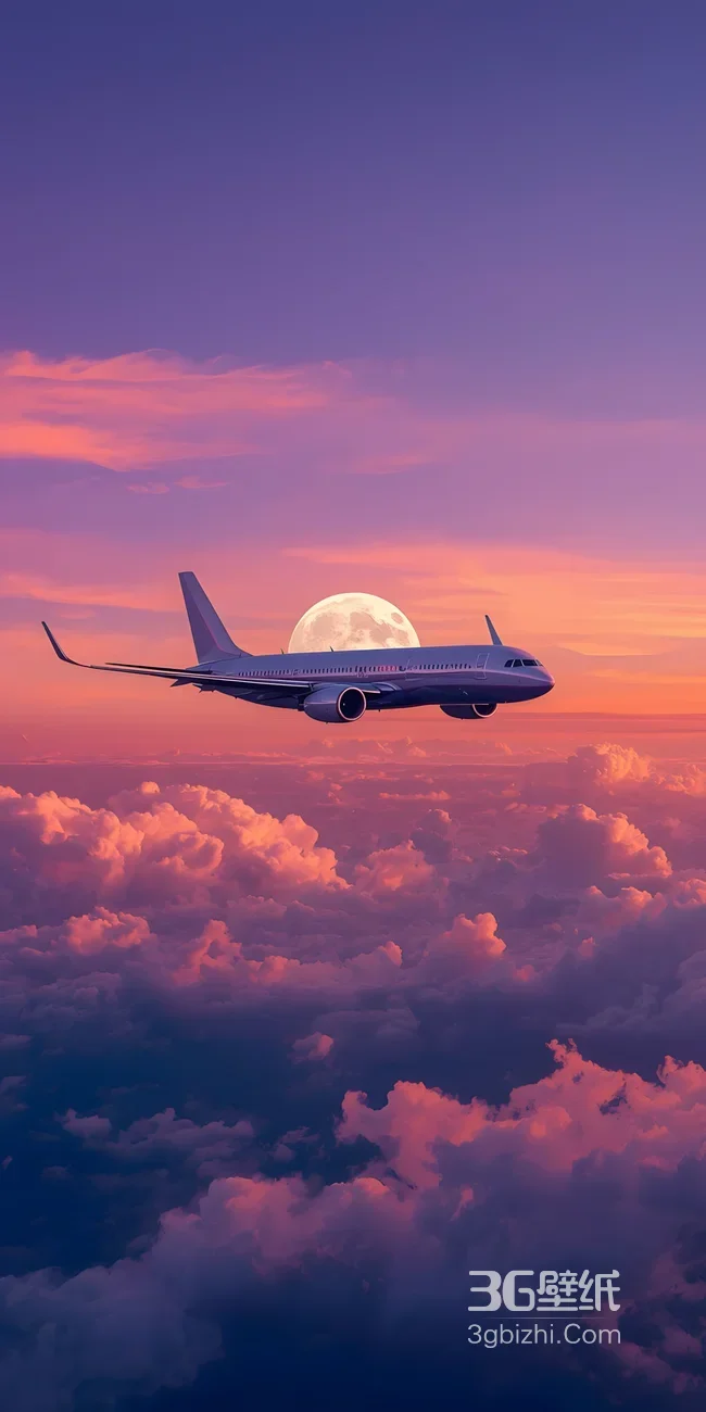 飞机伴满月穿云海·唯美梦幻超现实意境手机壁纸1